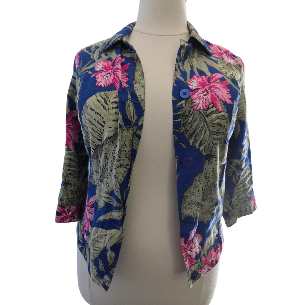 Chicos Women Blue Pink Tropical Floral 100% Linen Button Up Shirt Size 1 Medium